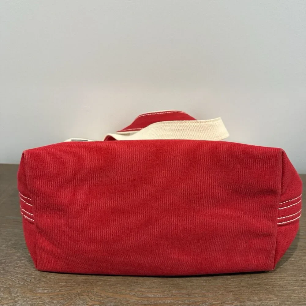 Lands End Open Top Canvas Tote Bag M Shoulder Red Natural Cotton Preppy Sturdy - Picture 6 of 16